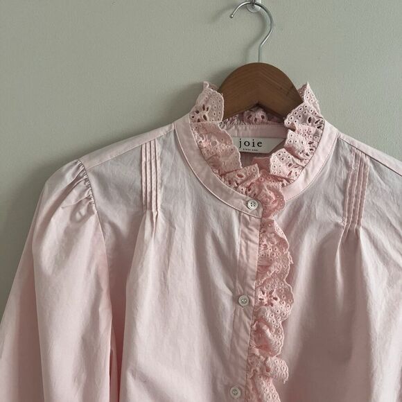 Pink Ruffled Lace Trim Button Front Blouse M Cottagecore Edwardian Romantic Top - Picture 8 of 9